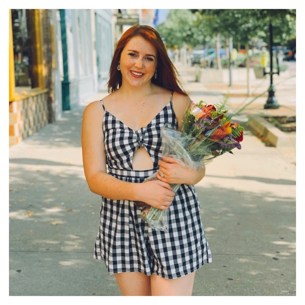 Navy and white gingham romper